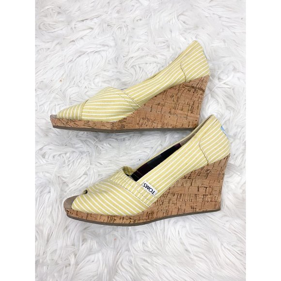 Toms Yellow White Stripe Canvas Cork Wedge Peep Toe Shoes 7.5 - Picture 3 of 6